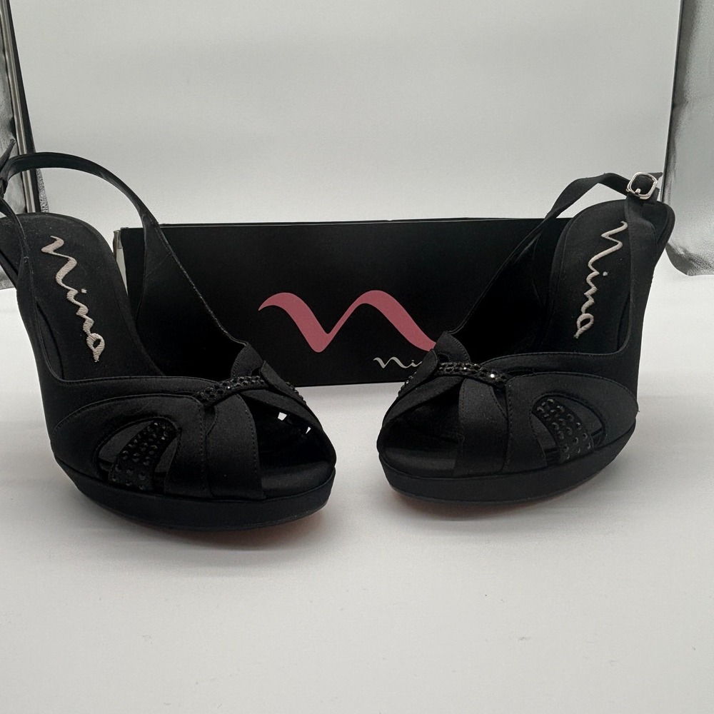 Nina Black Satin‎ Peep Toe Slingback Embellished Rhinestone Platform Size 9.5M